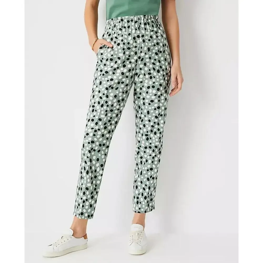 Ann Taylor Polka Dot The Easy High Rise Tapered Leg Relaxed Ankle Pants Green S